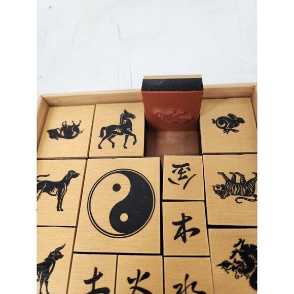Lily Song Chinese Zodiac Animal Symbols 18 Rubber Stamps Set In Wooden Box New - Picture 5 of 9